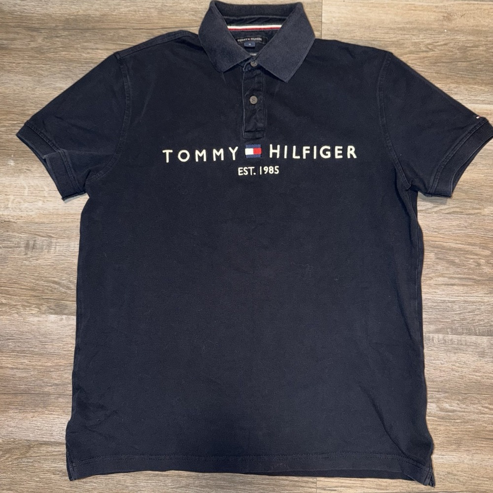 Tommy Hilfiger Shirt Mens Medium Polo Navy Blue Embroidered Spellout Slim Y2K